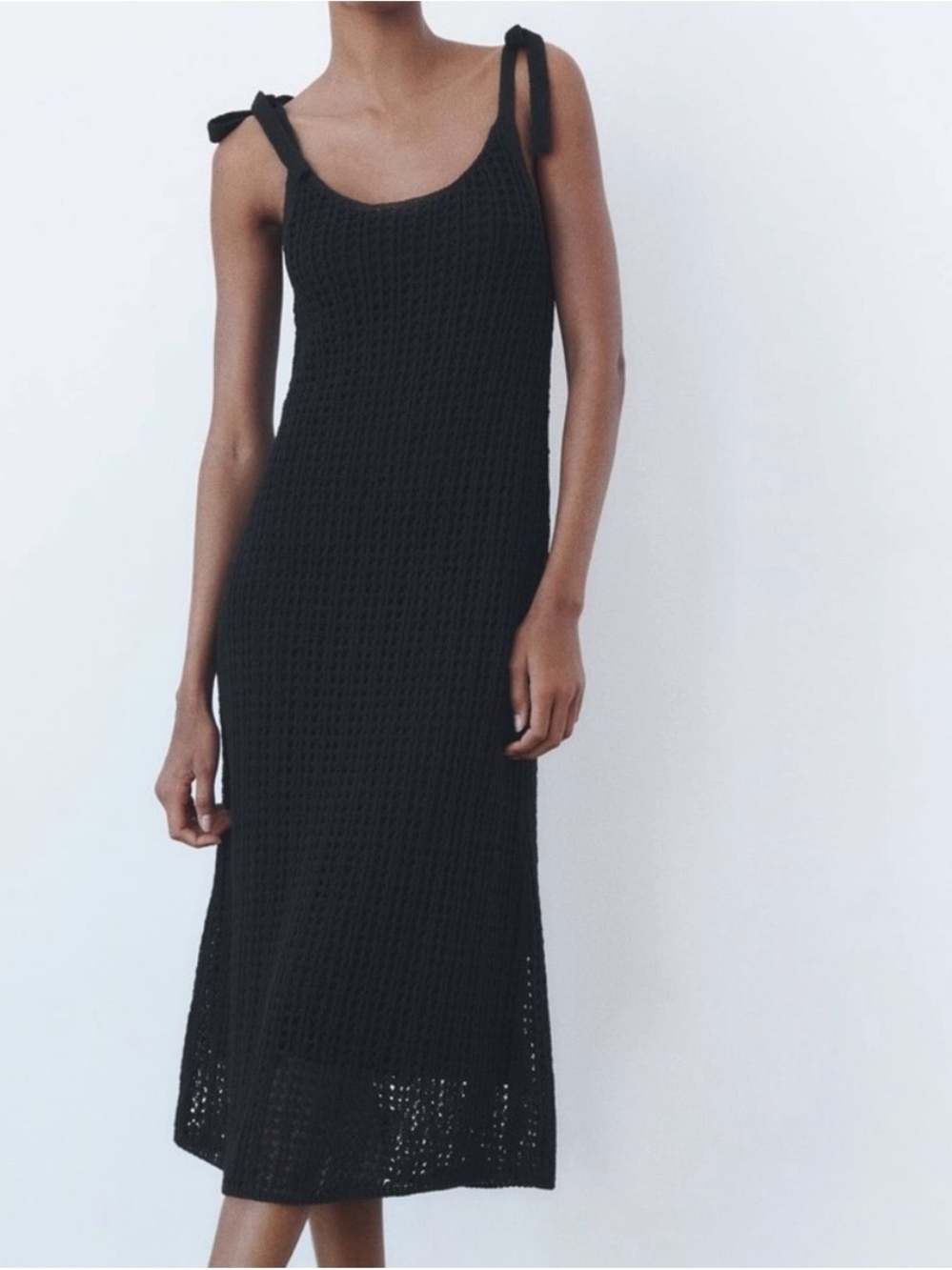 Zara Black Knit Midi Dress with Tie Straps